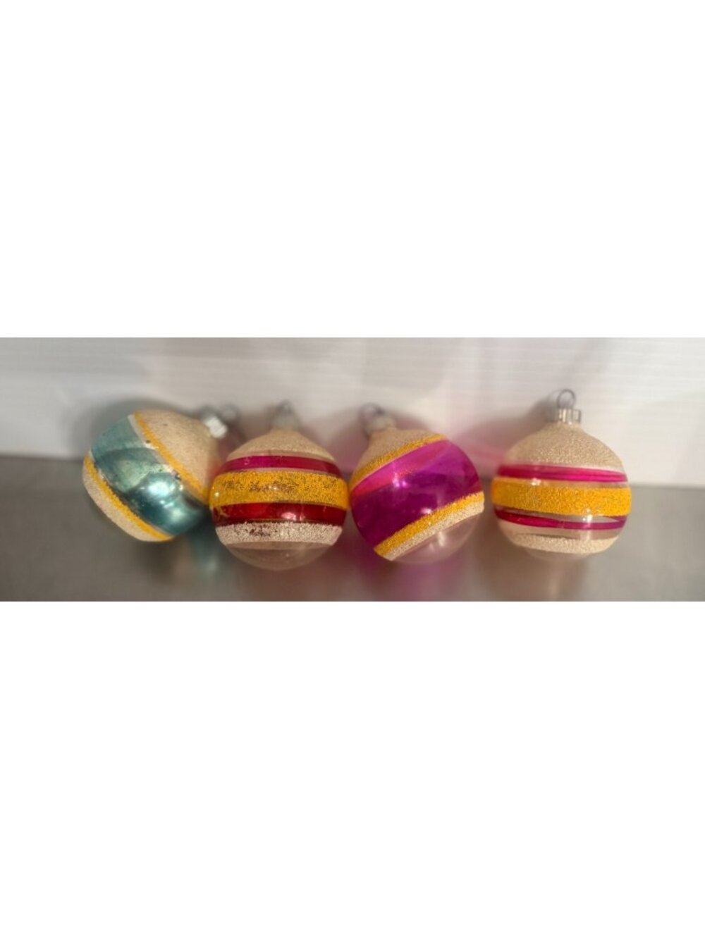 4 Vintage SHINY BRITE Mica Striped Silver Yellow Red Blue clear  Ornaments